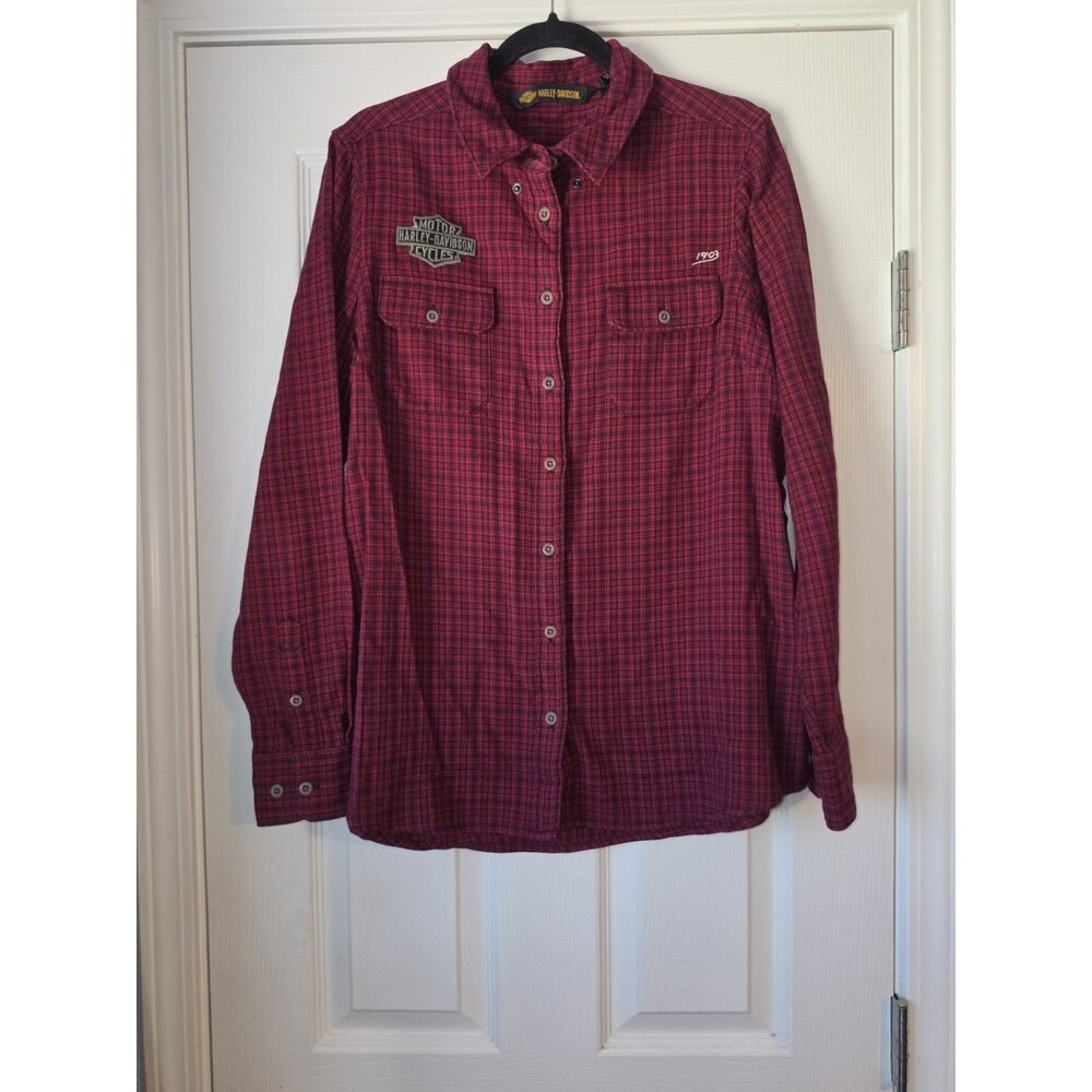 Harley Davidson Women's Studded Red Blue Plaid Long Sleeve Shirt XL 99038-20VW